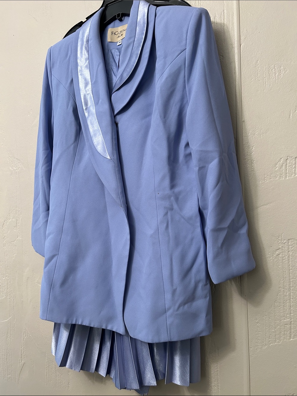 Zena Powder Blue Women's Blazer with Satin Trim and Pleated Hem